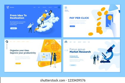 Set of flat design web page templates of startup, development process, market research, pay per click, time management. Modern vector illustration concepts for website and mobile website development. 