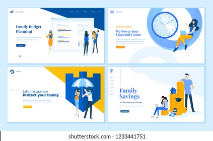 Set of flat design web page templates of family savings, budget planning, life insurance, time management. Modern vector illustration concepts for website and mobile website development. 