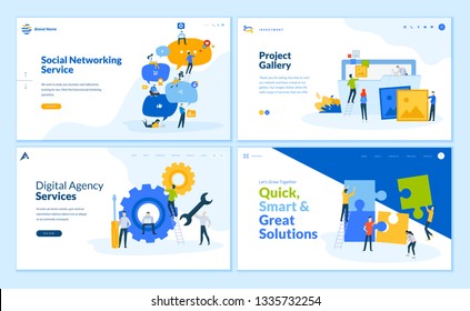 Set of flat design web page templates of social networking, business solutions, seo, project gallery. Modern vector illustration concepts for website and mobile website development. 