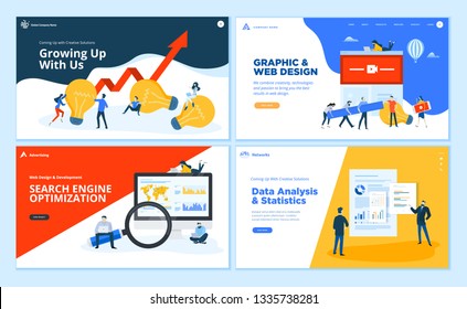 Set of flat design web page templates of creative solution, graphic and web design, SEO, data analysis. Modern vector illustration concepts for website and mobile website development. 