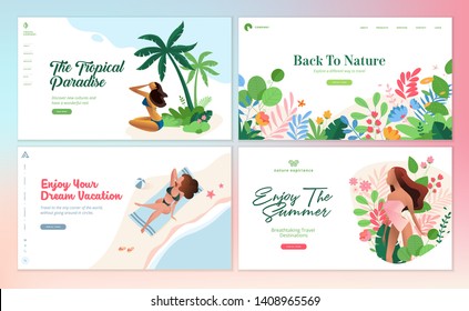 Set of flat design web page templates of summer vacation, travel destination, nature, tourism. Modern vector illustration concepts for website and mobile website development. 