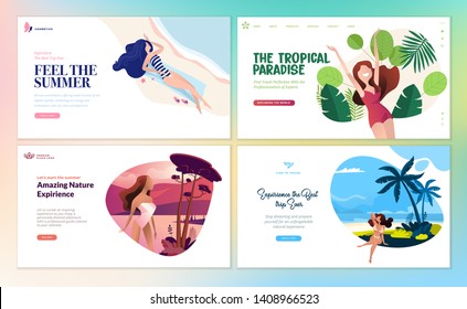 Set of flat design web page templates of summer vacation, travel destination, nature, tourism. Modern vector illustration concepts for website and mobile website development. 