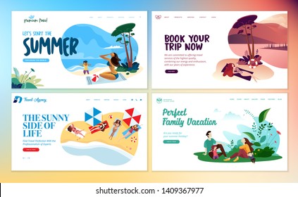 Set of flat design web page templates of summer vacation, travel destination, nature, tourism. Modern vector illustration concepts for website and mobile website development. 