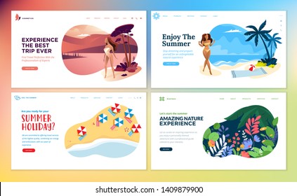 Set of flat design web page templates of summer vacation, travel destination, nature, tourism. Modern vector illustration concepts for website and mobile website development. 