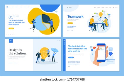 Set of flat design web page templates of team and teamwork, market research, business analysis and statistics, social media. Vector illustration concepts for website and mobile website development.