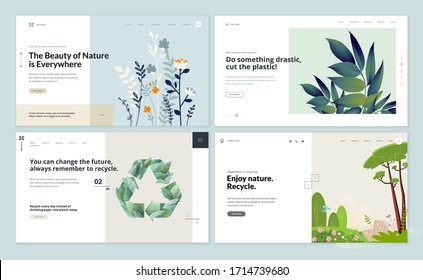 Conjunto de plantillas de páginas web de diseño plano de medio ambiente, ecología, reciclaje, productos naturales, naturaleza. Conceptos modernos de ilustración vectorial para el desarrollo de sitios web y sitios web móviles. 