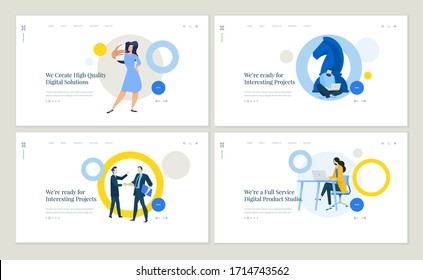 Set of flat design web page templates of social media, project management, business strategy, digital services. Modern vector illustration concepts for website and mobile website development. 