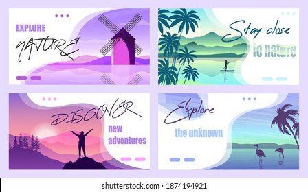 Set of flat design web page templates of summer vacation, travel destination, nature, tourism.Modern vector illustration concepts for website.