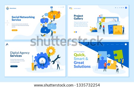Set of flat design web page templates of social networking, business solutions, seo, project gallery. Modern vector illustration concepts for website and mobile website development. 