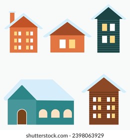 Set of flat design winter houses with snowy roofs
