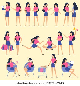 Set  of flat design woman character animation poses - speaking, shopping, talking phone, arm crossed, finger up, hand shake, winner,  siting, meditation, relaxation etc.