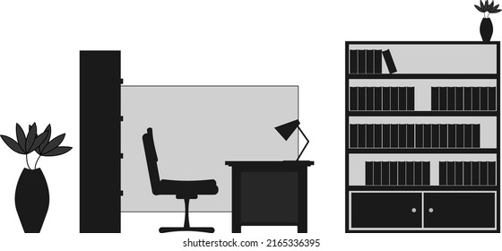 Set of flat design workplace in monochrome color. Chairs, desks, cupboards, flower vases and table lamps