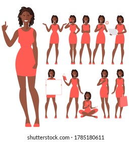 Set of flat design young afro american woman characters. Various poses and gestures and everyday activities. Shopping, chatting, phonning, working and showing different emotions.