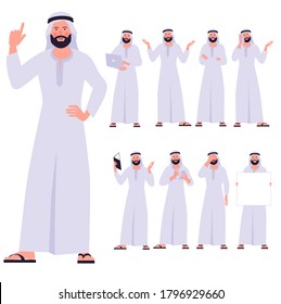 Set of flat design young arab man characters, various poses and gestures and everyday activities. Learning, chatting, phonning, working.