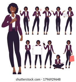 Set of flat design young black afro american woman characters, various poses and gestures and everyday activities. Learning, chatting, phonning, working.