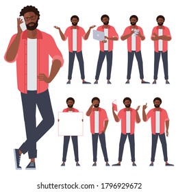 Set of flat design young black afro american man characters, various poses and gestures and everyday activities. Learning, chatting, phonning, working.