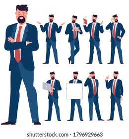 Set of flat design young businessman characters. Various poses, gestures and everyday activities. Working, chatting, phonning, working and showing different emotions.