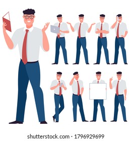 Set of flat design young businessman characters. Various poses, gestures and everyday activities. Working, chatting, phonning, working and showing different emotions.