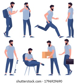 Set of flat design young casual style man characters. Various poses, gestures, everyday activities. Shopping, chatting, phonning, working and showing different emotions.