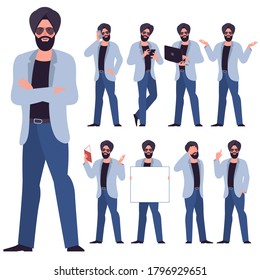 Set of flat design young indian sikh businessman characters. Various poses and gestures, everyday activities. Working, chatting, phonning, working and showing different emotions.