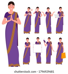 Set of flat design young Indian woman wearing saree. Various poses, gestures and everyday activities. Learning, chatting, phonning, working.
