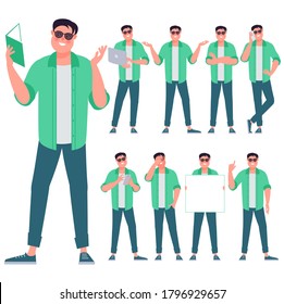 Set of flat design young man characters, various poses and gestures and everyday activities. Learning, chatting, phonning, working.
