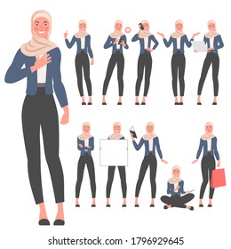 Set of flat design young muslim woman wearing modern trendy clothes. Various poses, gestures and everyday activities. Learning, chatting, phonning, working.