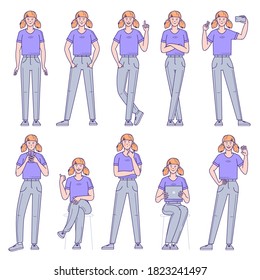 Set of flat design young woman characters. Various poses and gestures and everyday activities. Shopping, chatting, phonning, working and showing different emotions.