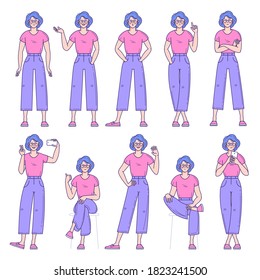 Set of flat design young woman characters. Various poses and gestures and everyday activities. Shopping, chatting, phonning, working and showing different emotions.