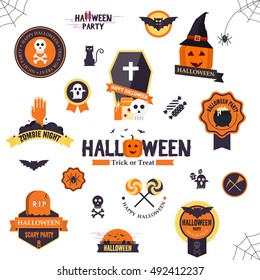 Set Of Flat Designed Happy Halloween Badges and Labels. Halloween Scrapbook Set. Vector Illustration