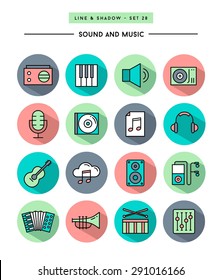 set of flat design,long shadow, thin line sound and music icons, vector illustration