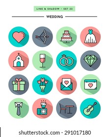 set of flat design,long shadow, thin line wedding icons, vector illustration