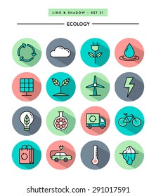 set of flat design,long shadow, thin line ecology icons, vector illustration