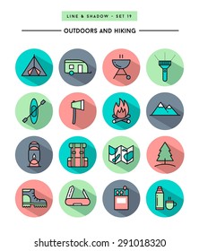 set of flat design,long shadow, thin line hiking and outdoors icons, vector illustration