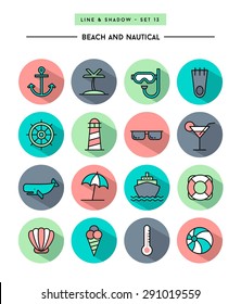 set of flat design,long shadow, thin line beach and nautical icons, vector illustration
