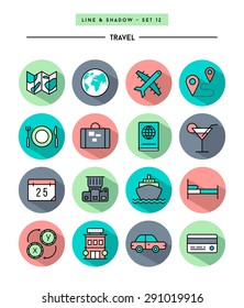 set of flat design,long shadow, thin line travel icons, vector illustration