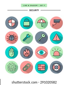 set of flat design,long shadow, thin line security icons, vector illustration
