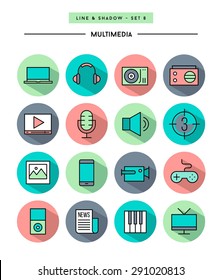 set of flat design,long shadow, thin line multimedia icons, vector illustration