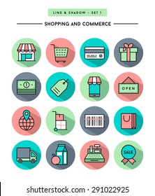 set of flat design,long shadow, thin line shopping and commerce icons, vector illustration