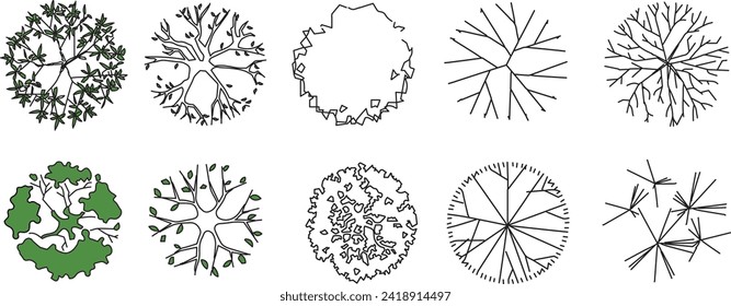 set of flat designs of architectural trees, top view with green