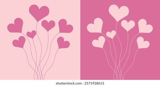 set of flat designs of pink heart balloons on pastel backgrounds, ideal for Valentine's Day cards, love themes, and romantic decorations