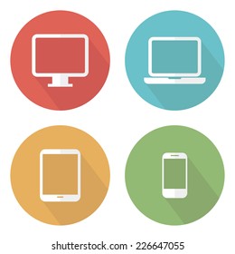 Set of flat devices icons. Smartphone, tablet, laptop and desktop computer. Vector illustration