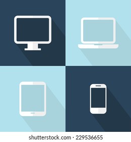 Set of flat devices icons. Smartphone, tablet, laptop and desktop computer. Vector illustration