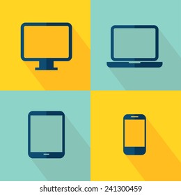 Set of flat devices icons. Smartphone, tablet, laptop and desktop computer. Vector illustration