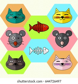 Set of Flat different Emotional faces of cats and mice. Flat icons skeleton fish and magic fish . Vector illustration