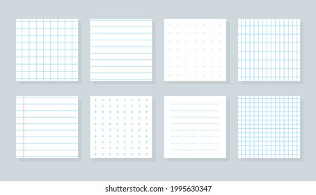 Set of flat different paper sheet. Squared templates checkered or line sheet. Copybook cover sheet with blue lined, cross, dotted and grid patterns. School notebook paper. Isolated vector illustration