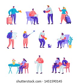 Set of Flat Diverse Young People with Luggage and Maps Traveling Characters. Cartoon People Tourist Characters Staying at Night, Accommodation for Travelers. Vector Illustration.