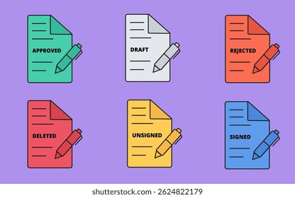 Illustration für flache Dokumente und Stiftsymbole mit den Gliederungsstilen Genehmigt, Entwurf, Abgelehnt, Gelöscht, Unsigniert, Signiert. Geeignet für Websites und Apps Hintergründe Vektorkonzept