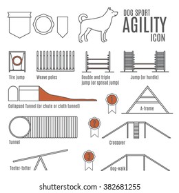Set of flat dog sport icons drawing with black lines on white background.Dog competition.Agility.