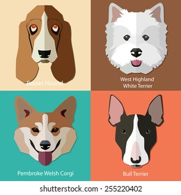 Set of flat dogs faces icons. Vector illustration.